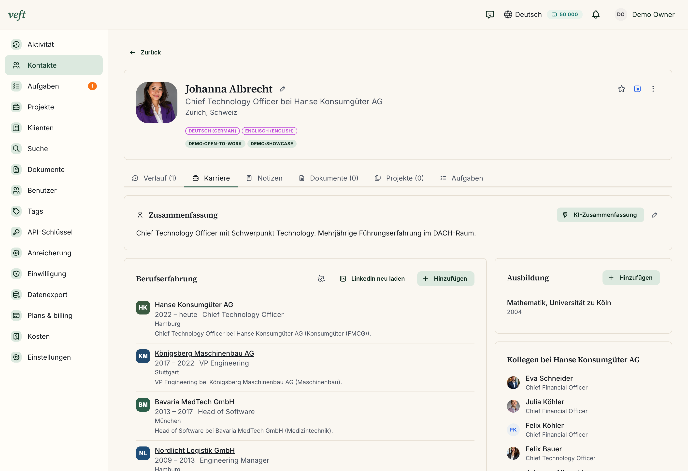 Ein strukturiertes Kandidatenprofil mit Vergütung, Karrierechronologie und Referenzen
