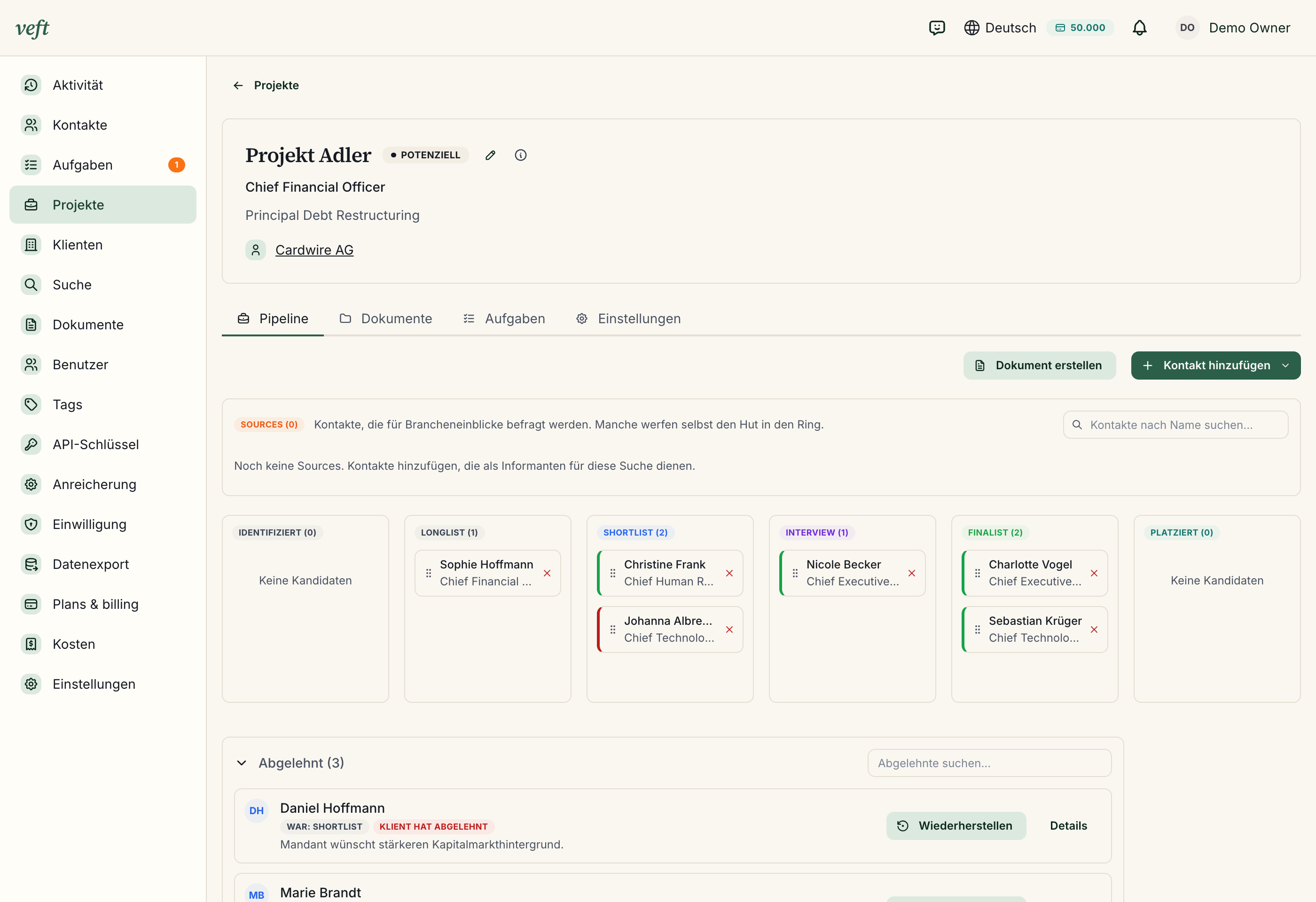 Ein Suchmandat in Veft: Longlist, Pipeline und Kandidatendossier
